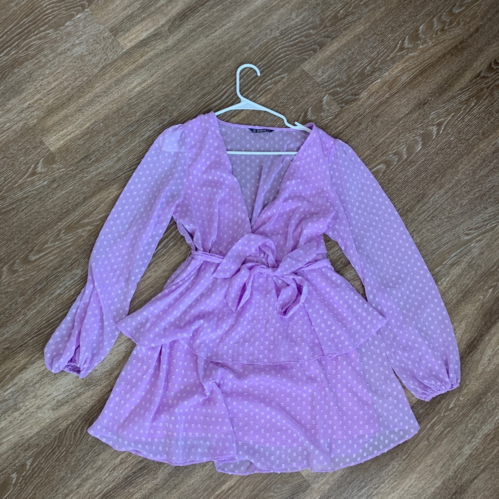 Shein plunging neckline double layer hem Swiss dot dress